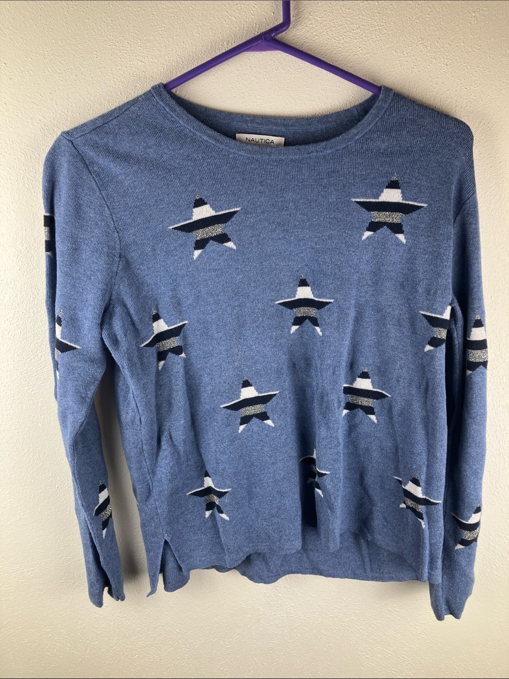 Nautica Blue Star Intarsia Knit Crewneck Sweater Wool Blend Sz L